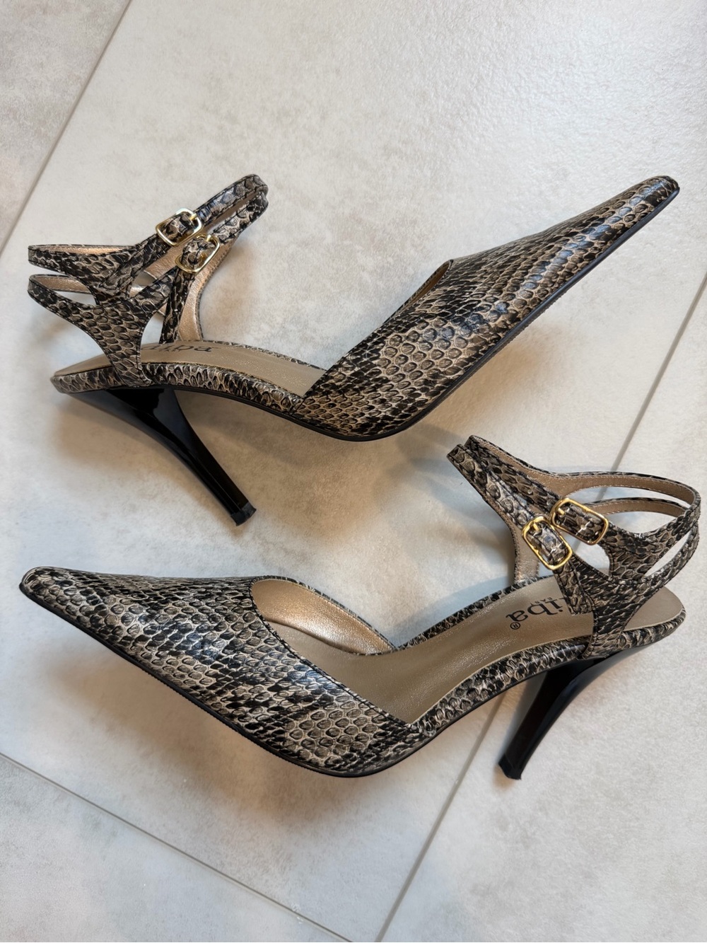 Dina Snake-Print Pointed Toe Slingback Heels with Gold Buckles